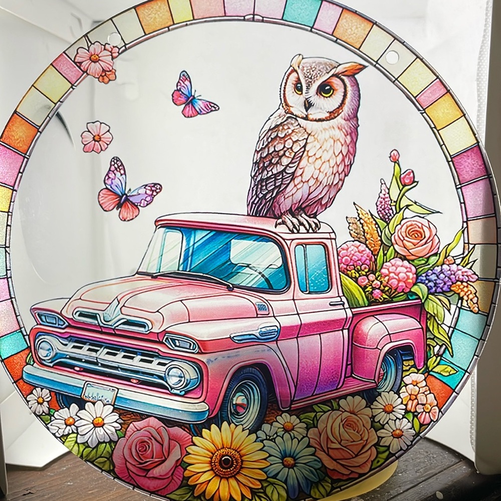 Suncatcher Acrylic Owl Vintage Pickup Truck Butterfly Floral Design 8”